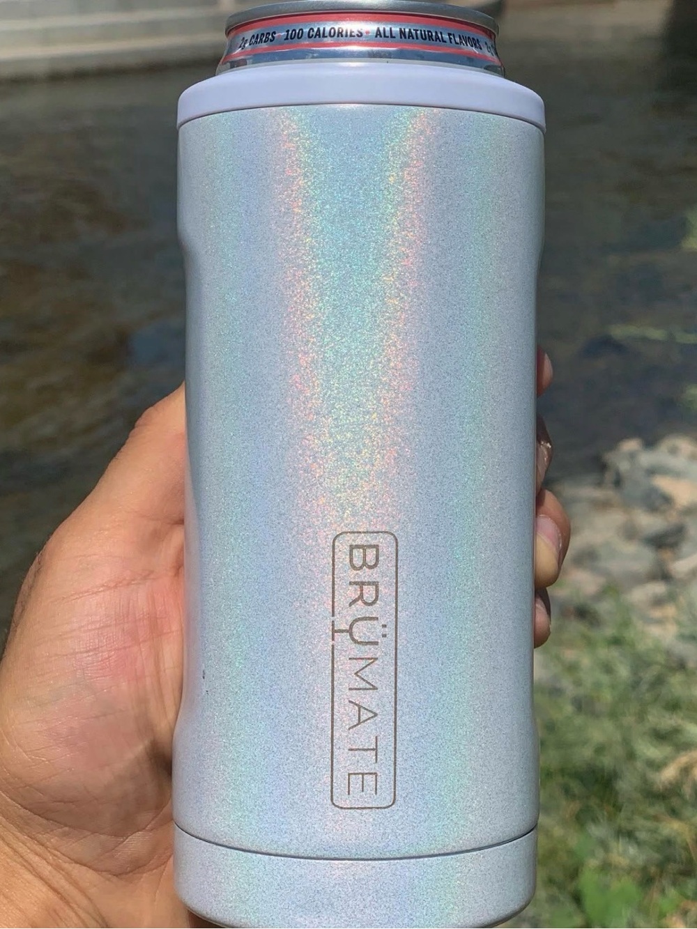 Brumate Hopsulator Slim 12oz Can Cooler White Glitter